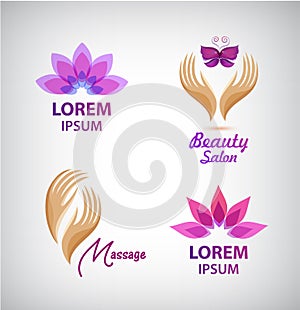 Vector set of spa logos. Lotus, massage, hands with butterfly salon icons, signs.