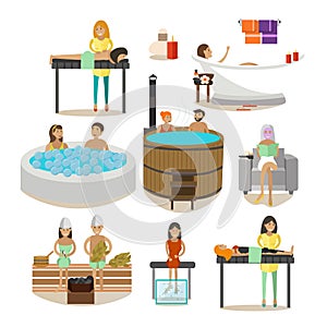 Vector set of Spa salon people, rehabilitation treatment design elements