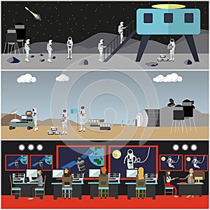 Vector set of space exploration concept posters, flat style