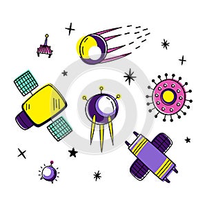 Vector set with space satellites. Doodle style. Colored isolates. 7 objects and stars
