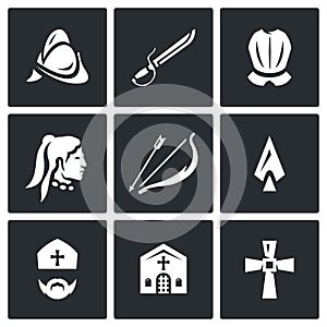 Vector Set of Spanish Conquistador Icons. Helmet, Saber, Armor, Native American, Bow, Arrow, Spear, Bishop, Church