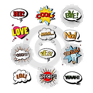 Vector set of speech bubbles with text. Illustration in pop art style. Design elements, clouds, message templates