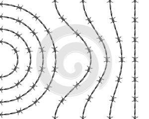 Vector set of spiraling barbed wires. Curved, wavy, arcing, straight repeatable barbwire segments