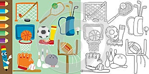 Vector set of sport elements cartoon, coloring book or page