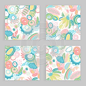 Vector set of square cards. Hand drawn abstract shapes, scribbles, spirales. Stains ans spots of paint