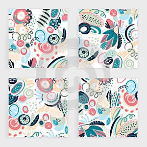 Vector set of square cards. Hand drawn abstract shapes, scribbles, spirales. Stains of paint. Design with doodles