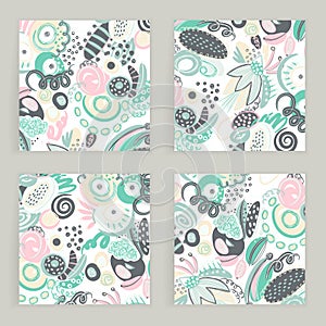 Vector set of square cards. Hand drawn abstract shapes, scribbles, spirales. Stains of paint. Design with doodles