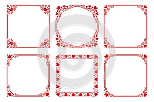 Vector set of square frames with hearts, flourishes