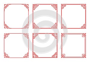 Vector set of square red frames with hearts, flourishes, curls in vintage art deco style