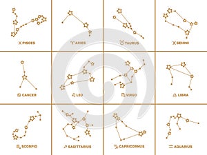 Vector set of square Zodiac signs, stars, constellations golden color on white background.