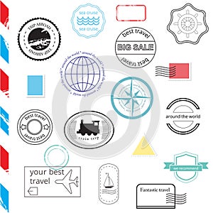 Vector Set of Stamps and Badges. Passport, post