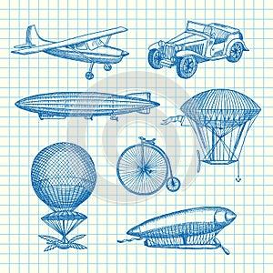 Vector set of steampunk hand drawn dirigibles, bicycles and cars