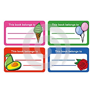 Vector set of stickers and labels with cute cartoon ice cream, fruits, flowers and berries.
