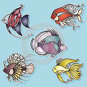 Vector Set of Stickers with Sea Flora and Fauna