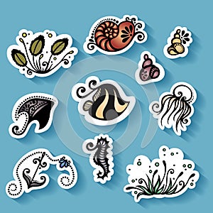 Vector Set of Stickers with Sea Flora and Fauna