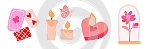 Vector set of stickers in the style of hand draw playing cards, candles and a red rose in a glass flask. Mystical set of