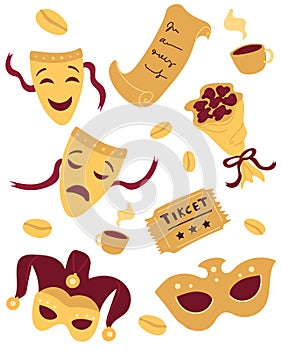 Vector set of stickers about the theater. Illustration in a flat style