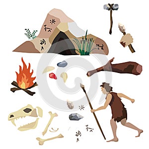 Vector set about the Stone Age, primitive mans life, his tools and housing. It includes cave, rock painting, spear