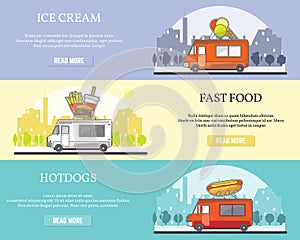 Vector set of street food truck horizontal banners