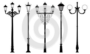 Vector set of street lantern silhouettes in retro style isolated on white background.