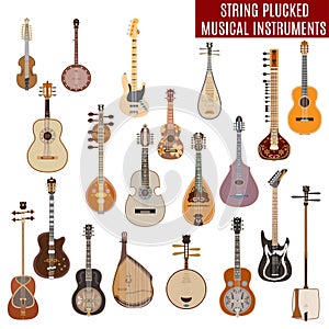 Vector set of string plucked musical instruments on white background