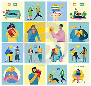 vector set of students with gadgets and books