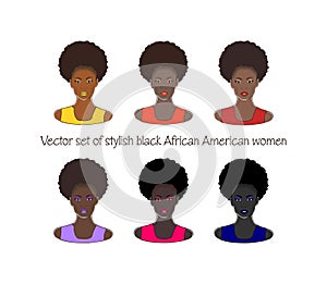 Vector set of stylish beautiful black African American women drawing illustration.