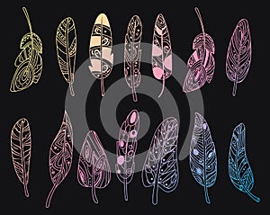 Vector set of stylized bird feathers. Collection of feathers for decoration. Drawing by hand. Linear Art. Tattoo.