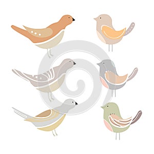 Vector set of stylized birds. A collection of cartoon birds. Illustration for children. Graphic art. Dove. Sparrow.