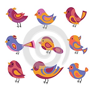 Vector set of stylized birds. A collection of cartoon birds. Illustration for children. Graphic art. Dove. Sparrow.