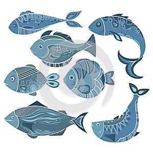 Vector set of stylized fish. A collection of cartoon fish. Marine life. Illustration for children.