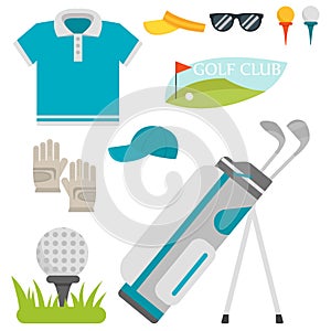 Vector set of stylized golf icons hobby equipment collection cart golfer player sport symbols