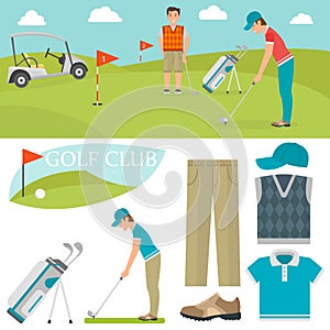 Vector set of stylized golf icons hobby equipment collection cart golfer player sport symbols