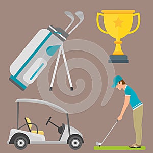 Vector set of stylized golf icons hobby equipment collection cart golfer player sport symbols