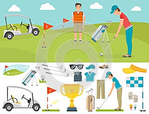 Vector set of stylized golf icons hobby equipment collection cart golfer player sport symbols