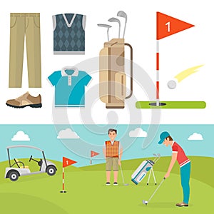 Vector set of stylized golf icons hobby equipment collection cart golfer player sport symbols