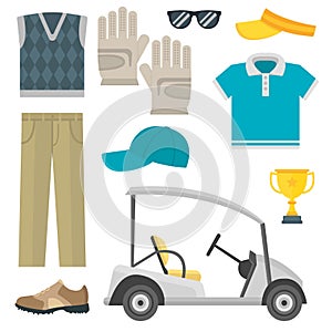 Vector set of stylized golf icons hobby equipment collection cart golfer player sport symbols