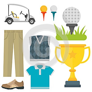 Vector set of stylized golf icons hobby equipment collection cart golfer player sport symbols