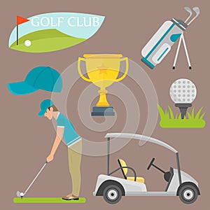 Vector set of stylized golf icons hobby equipment collection cart golfer player sport symbols