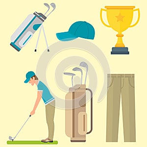 Vector set of stylized golf icons hobby equipment collection cart golfer player sport symbols