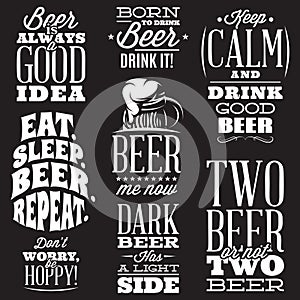 Vector set of stylized quotes on the topic of beer. White text on a black background