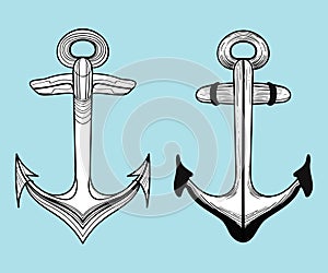 Vector set of stylized ship anchors. Linear Art. Collection of tattoos with an anchor.