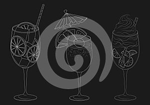 Vector set of summer cooling drinks with fruits. Collection of stylized alcoholic cocktails in glasses. Black and white