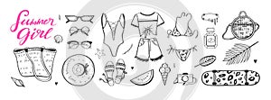 Vector set of Summer fashion trends for woman and girls. Beach, ocean modern style. Hand drawn fashion illustrations