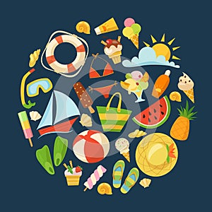 Vector set of summer food, toys, clothes and symbols in cartoon style.