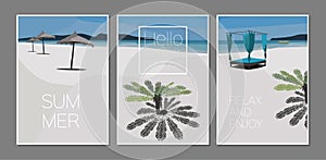 Vector set of summer paradise cards. Holidays poster. Scene with palm tree, sea, sun umbrella, boat, island, beach chair