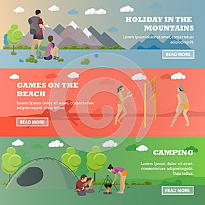 Vector set of summer recreation concept banners in flat style. Beach volleyball, forest camping, mountain hiking