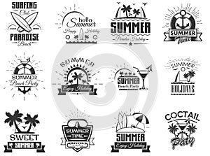 Vector set of summer season labels in vintage style. Design elements, icons, logo. Summer camp, beach holidays, tropical