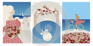 Vector Set Summer vacation theme and inspiration.  Beautiful girl rides a bicycle on a white-stone island drowning in flowers, Gir