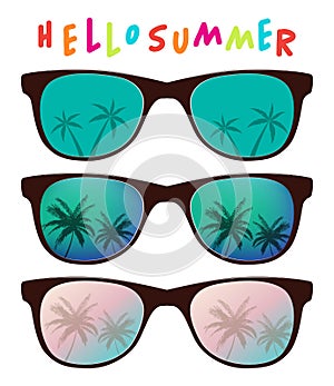 Vector set of sunglasses with palm tree reflection